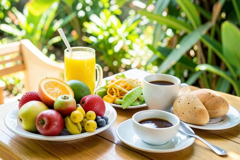 Café da manhã tropical com frutas frescas e café